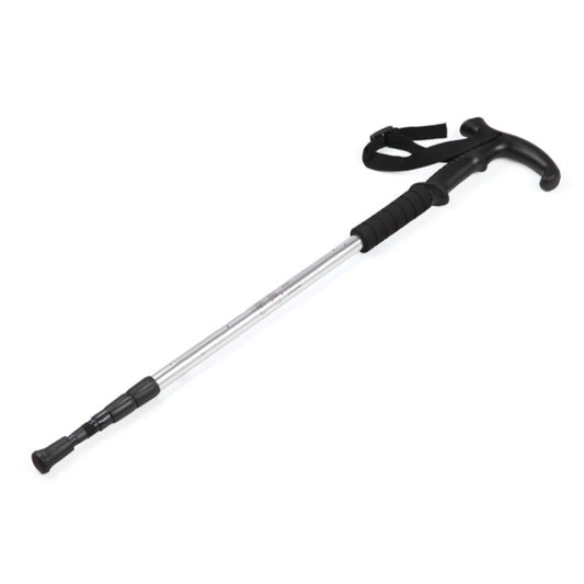 Black telescopic trekking pole with curved handle and wrist strap
