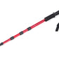 Red trekking cane with black grip and wrist strap, four-section straight shaft