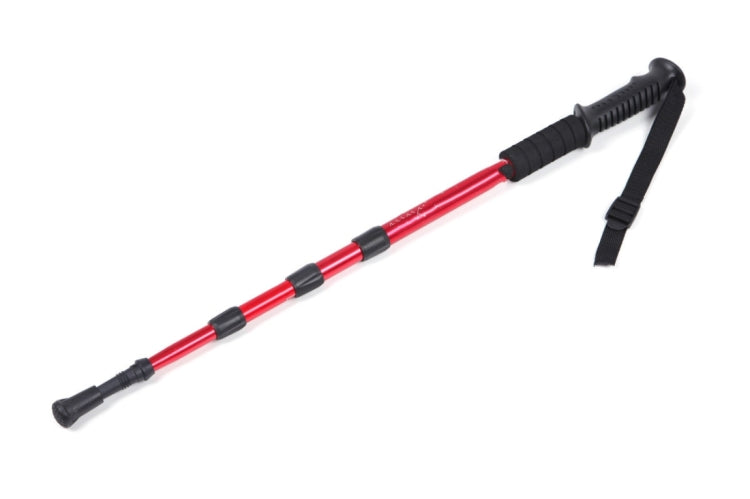 Red trekking cane with black grip and wrist strap, four-section straight shaft