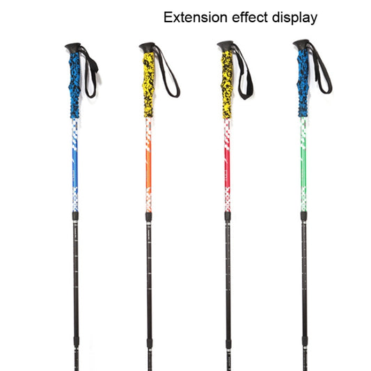 Set of telescopic trekking poles in blue, yellow, red, and green with wrist straps