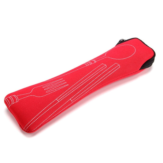 Red roll-up cutlery pouch with stitched utensil design and black carrying edge