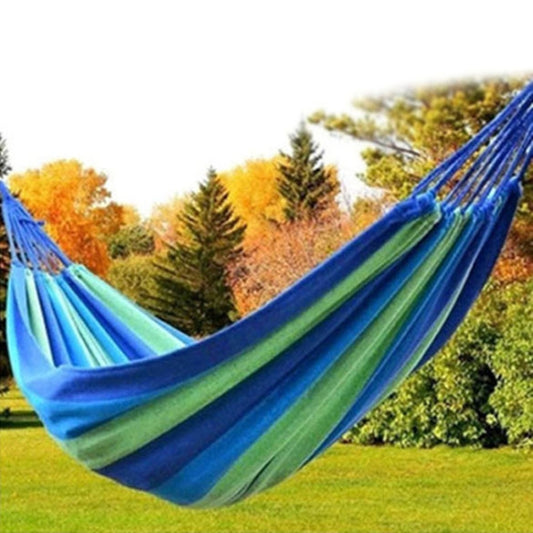 Dual-person striped hammock swing in blue and green canvas fabric