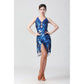 Royal blue sequin Latin dance dress with deep V and dangling fringe