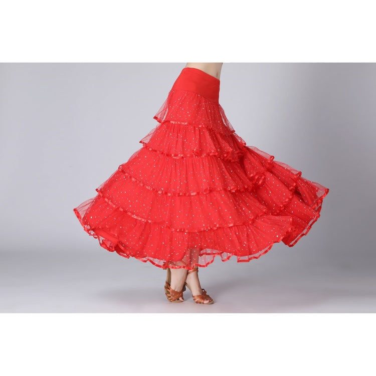 Red sequin swing long skirt with layered tulle hem