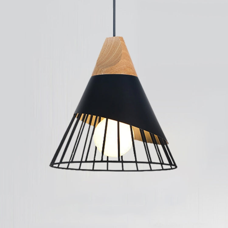 Black metal pendant lamp with wood top and open cage shade over a lit bulb.