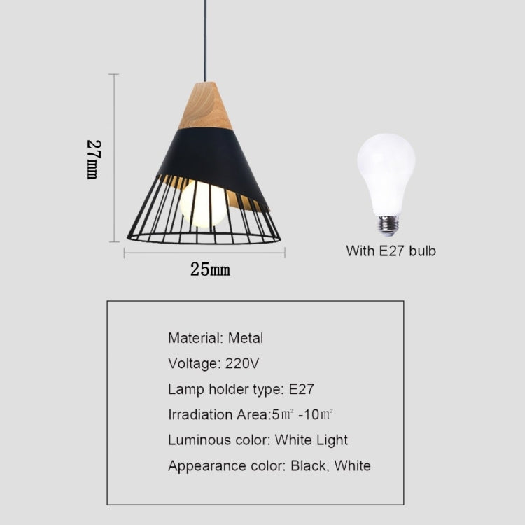 Black and wood pendant lamp design with E27 bulb, size markers showing 25mm height.