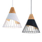 Pair of pendant lights: wood-and-white cage shade and black-and-wood cage shade.