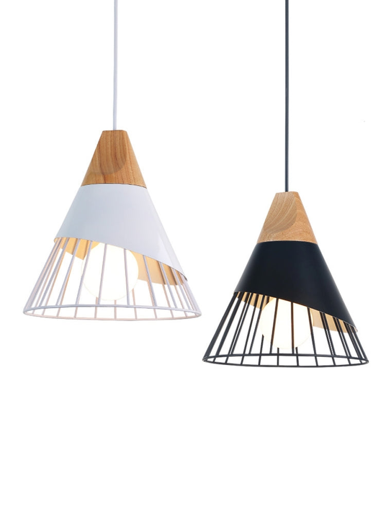 Pair of pendant lights: wood-and-white cage shade and black-and-wood cage shade.