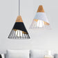 Two hanging pendant lamps with wood tops and metal cage shades, one black and one white.
