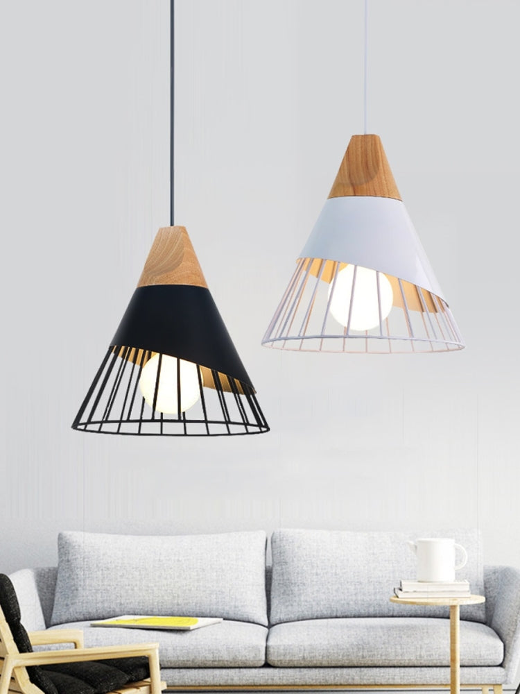 Two hanging pendant lamps with wood tops and metal cage shades, one black and one white.
