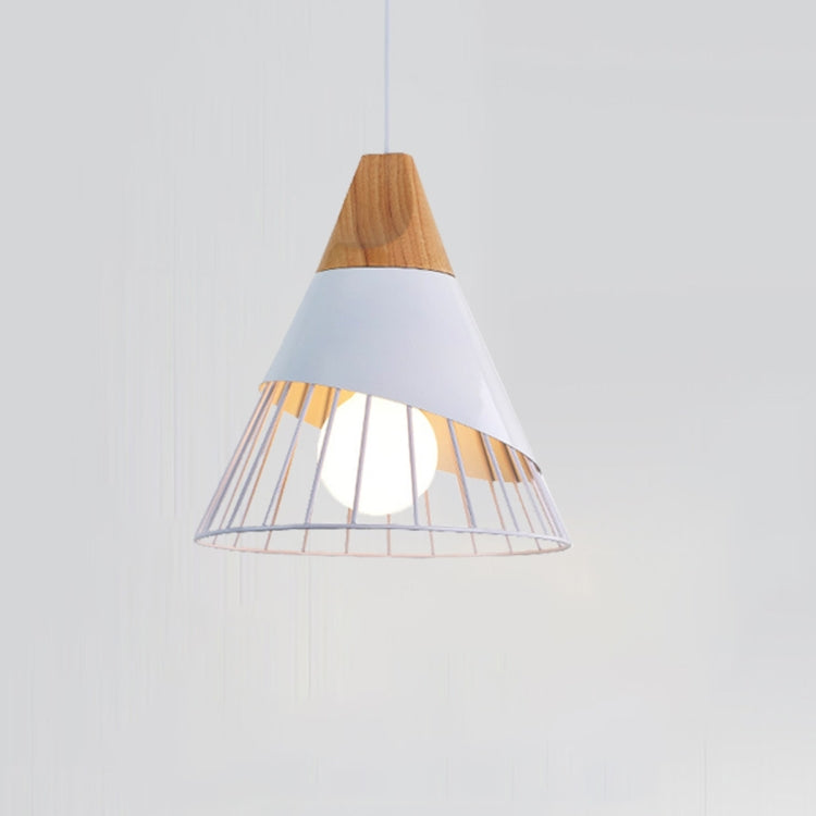 White pendant lamp shade with metal cage design and wood top, hanging from a cord.