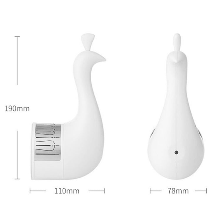 Peacock-shaped LED night light shown in two angles with size diagram