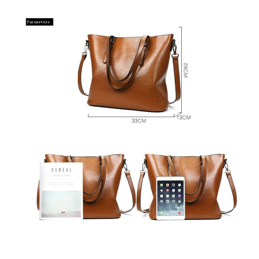 Brown PU shoulder tote with two top handles and adjustable crossbody strap