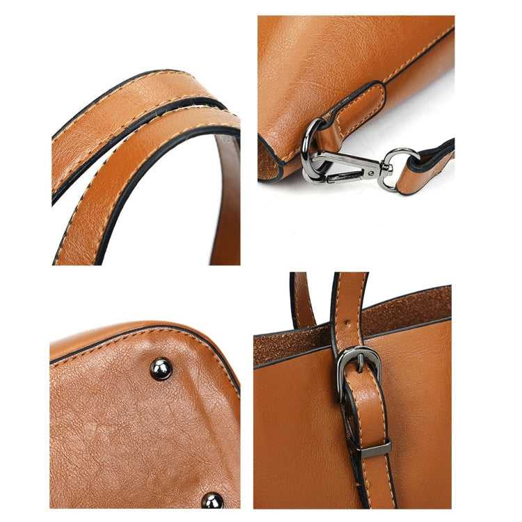 Brown PU shoulder bag details: stitched edges, metal clip, and strap hardware