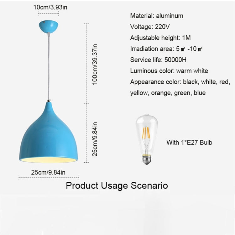 Blue modern pendant lamp with bell-shaped shade and hanging cord