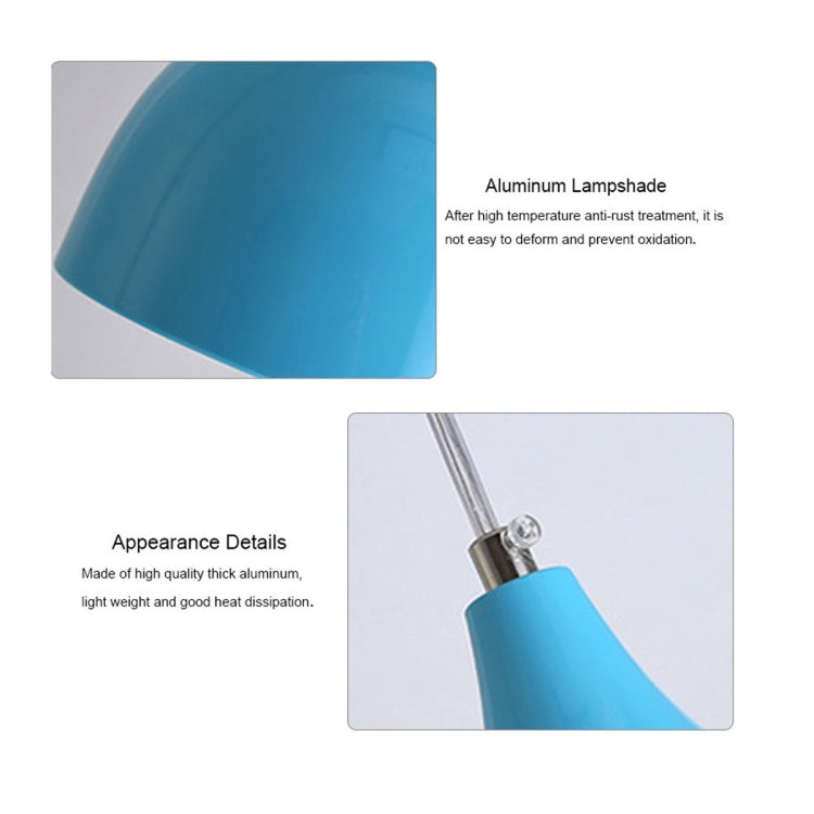 Blue aluminum pendant lamp shade with hanging stem and mounting detail