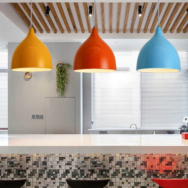 Orange, blue, and yellow modern pendant lamps with bell shades