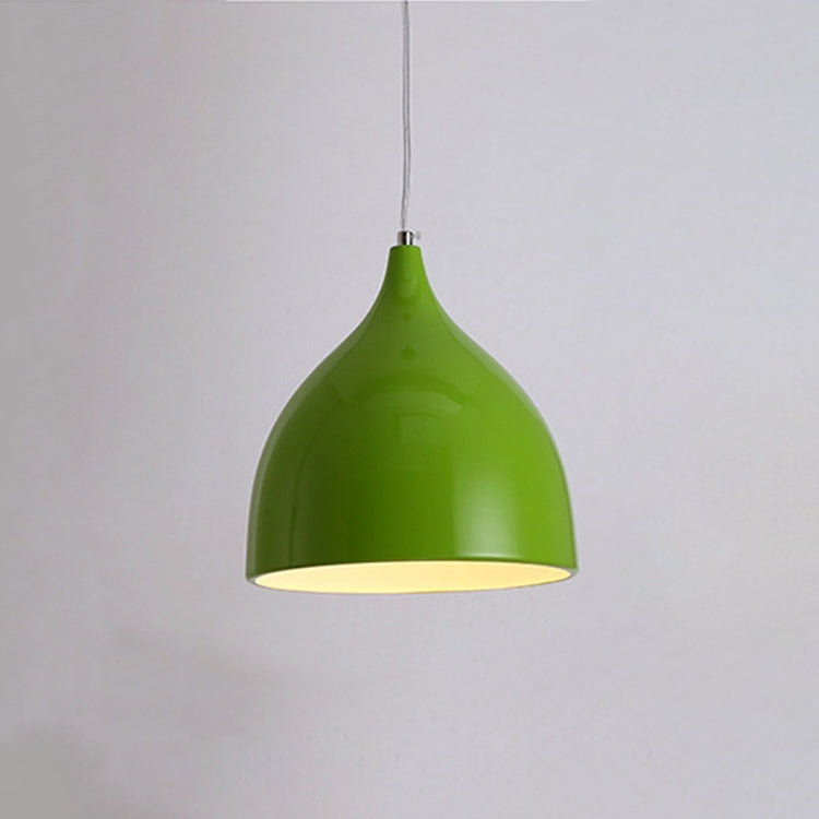 Green single-head pendant lamp with bell-shaped metal shade and hanging cord.