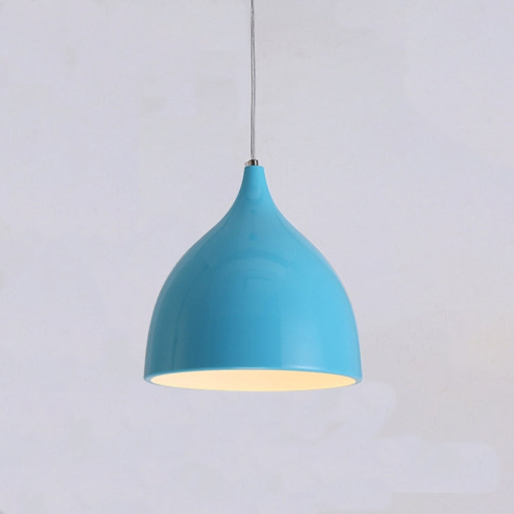 Blue single-head pendant lamp with bell-shaped metal shade and hanging cord.