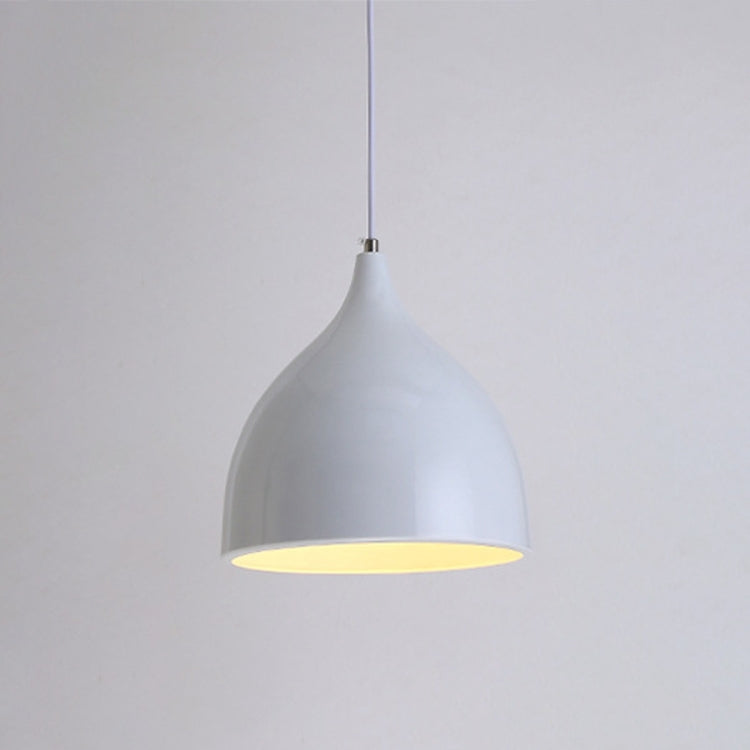 White modern pendant lamp with bell-shaped shade and hanging cord