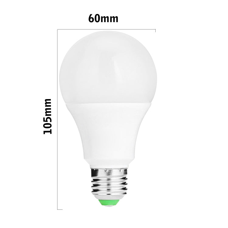 White RGB LED light bulb with E27 screw base, size diagram 60mm x 105mm