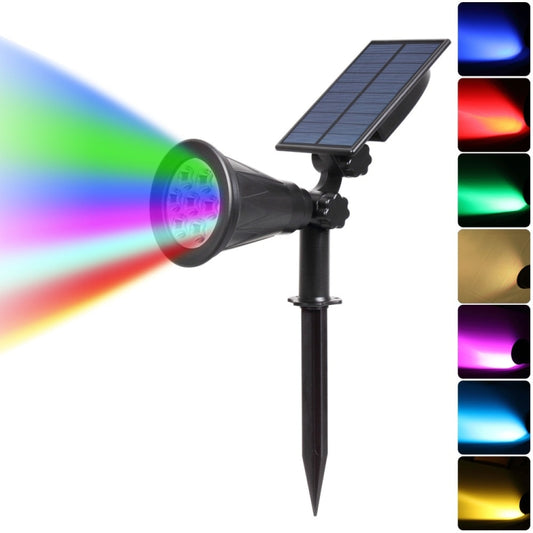 Black solar spotlight with adjustable arm and spike base, four-LED lens head