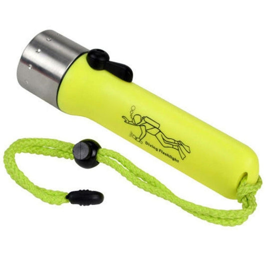 Neon yellow and silver diving LED flashlight with green cord and black end caps.