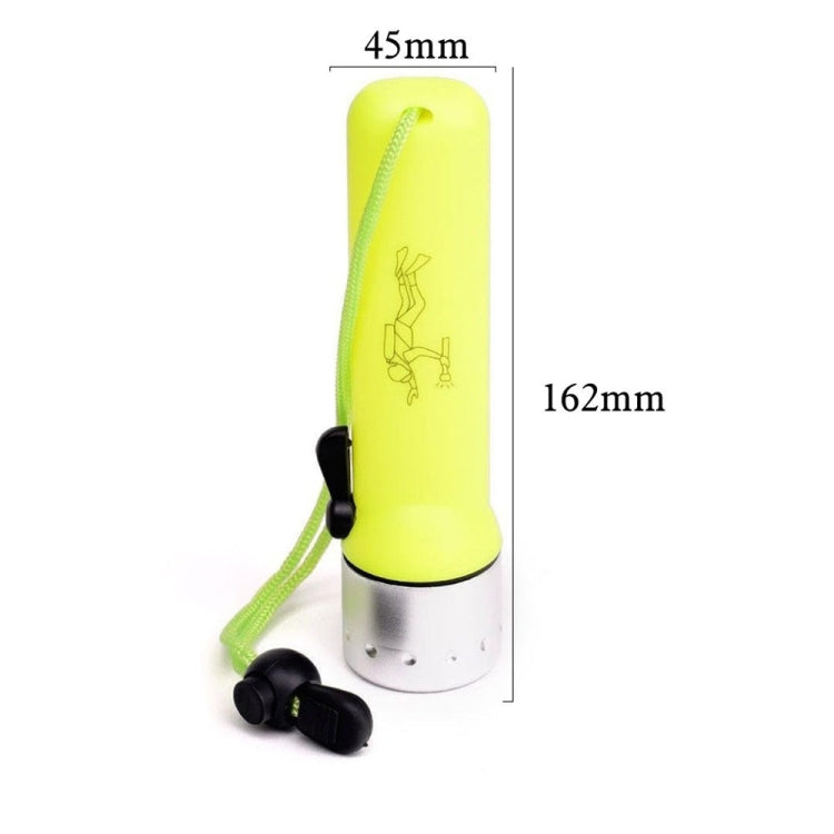 Neon yellow waterproof LED flashlight with green cord, sized 45mm by 162mm.