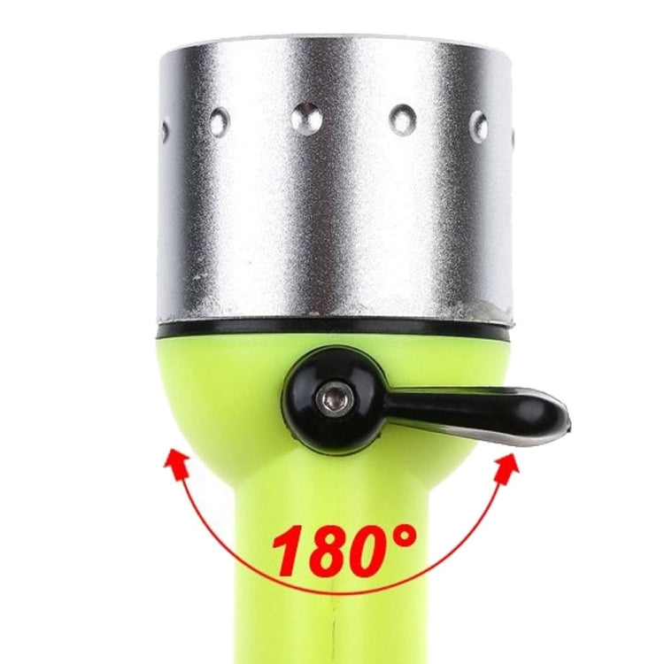 Green and silver LED flashlight head with 180° adjustable pivot angle.