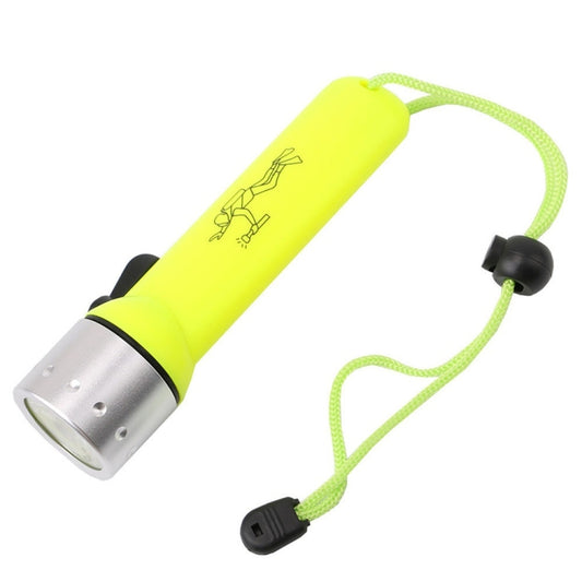 Yellow waterproof underwater LED flashlight with silver head and green adjustable lanyard.