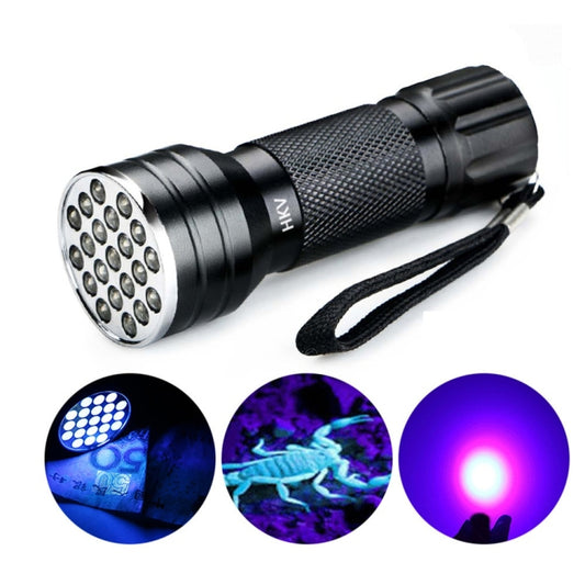 UV LED flashlight torch with 21 LED array, textured black handle, and wrist strap.