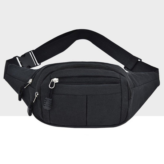 Black waterproof chest and waist bag with adjustable strap and front zip pockets