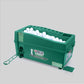 Green indoor golf ball machine with side view, white balls in the top tray