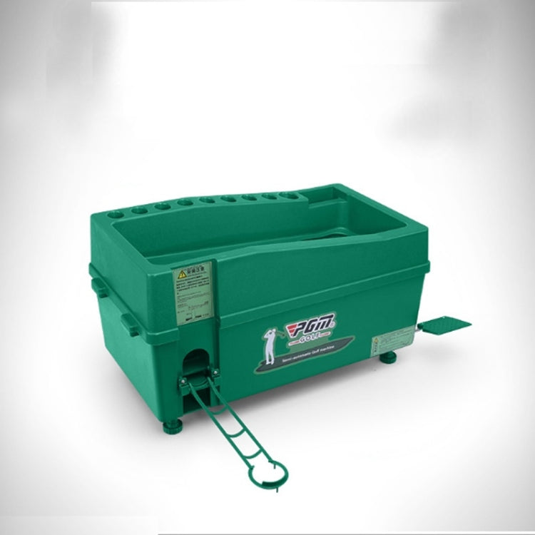 Green indoor golf ball machine with empty top bin and ball feeding arm