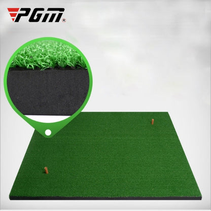 Portable indoor golf practice mat with green turf hitting surface and dark base