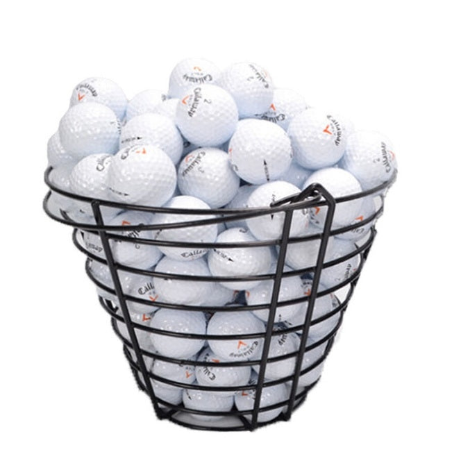 Golf ball basket with black wire sides and open top, holds many balls