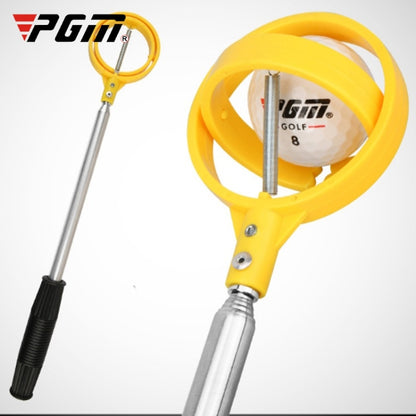 Yellow golf ball catcher with spring hoop and telescopic pole, black grip