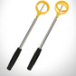 Two yellow golf ball catchers with spring hoops, silver poles and black grips