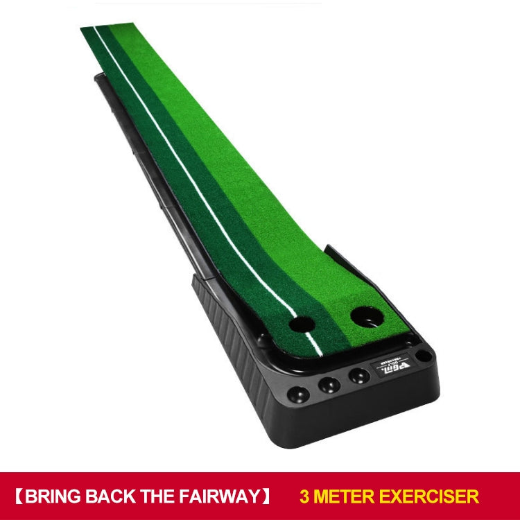 3m indoor putting trainer track with green turf strip and two target holes on black base