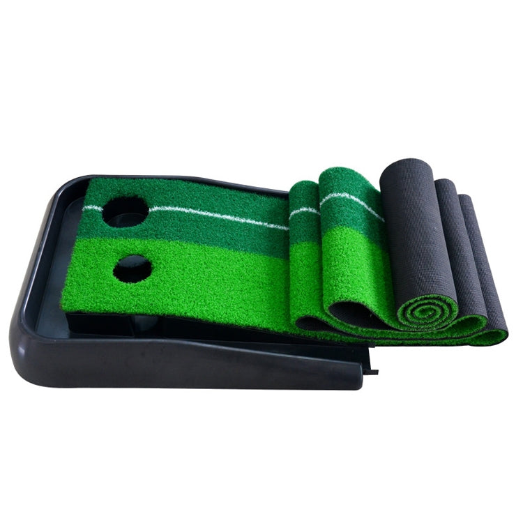 3m indoor putting trainer track with green turf sections and rolled mat attachment