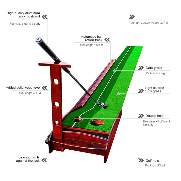 Golf putting trainer with green mat, wooden frame, and ball return mechanism