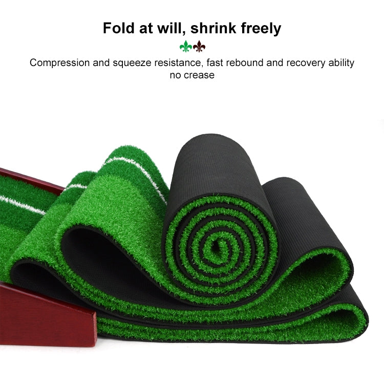 Folded green turf putting mat with roll texture and dark outer backing