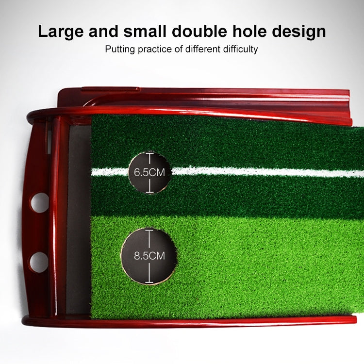 Golf putting trainer with double-hole target design on green turf track