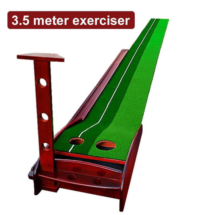 PGM golf putting trainer practice mat, green turf with cutout holes and red wooden stand