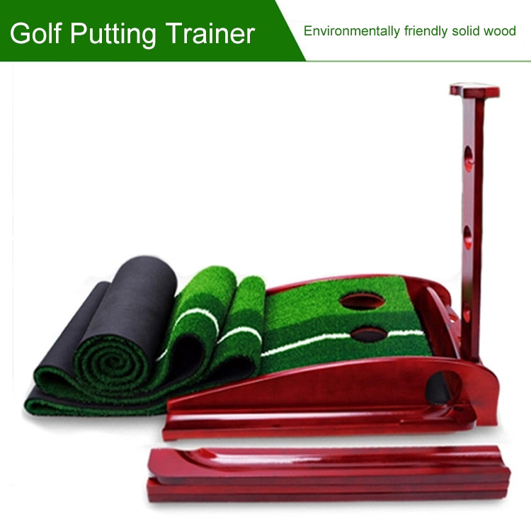 PGM golf putting trainer with green turf ramp, rolled turf bundle, and red wooden base