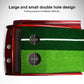 Golf putting trainer mat with green turf and two circular practice holes of different sizes