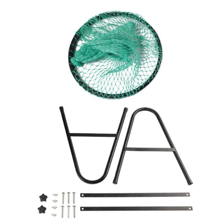 Golf practice net set with green mesh and black frame pieces, plus stakes and rods