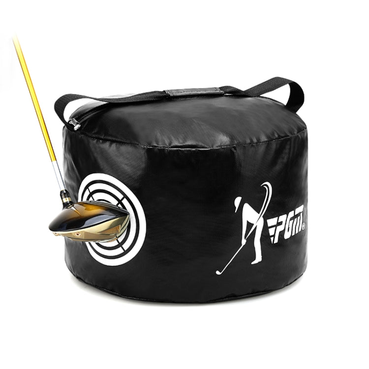 Black golf practice impact trainer bag with carry handles, target graphic and club icon
