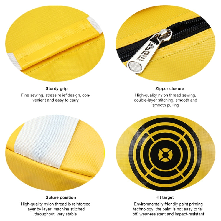 Yellow golf practice bag close-up showing zip closure, reinforced stitching and target print