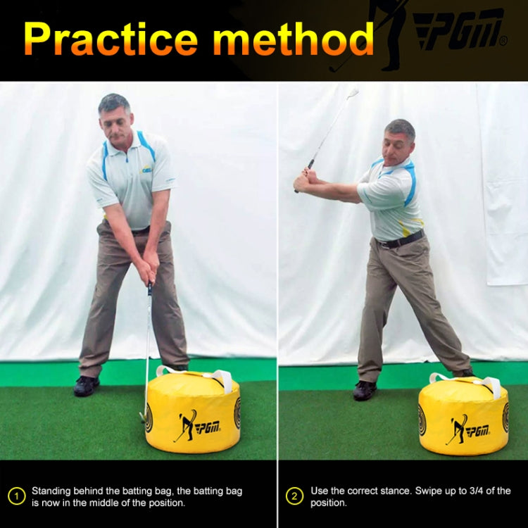 Yellow golf practice impact trainer bag on the ground near a golfer during drills